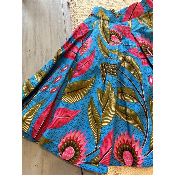 Francis + Benedict Blue Pink Leaves Pleated Skirt African Sz XS Side Zip Pocket - Picture 3 of 10